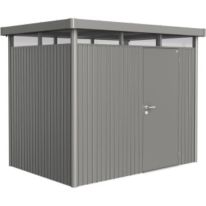 Casetta da giardino in metallo Biohort HighLine, 4,6 m², grigio quarzo metallizzato con porta singola.