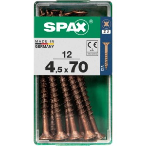 Viti per legno SPAX 4,5x70 mm, 12 pezzi in contenitore trasparente.