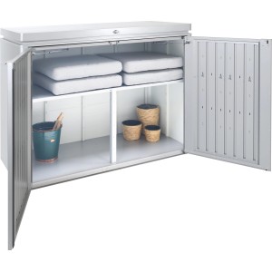 Ripiano intermedio Biohort per HighBoard 160, regolabile in altezza a 9 vie, per riporre attrezzi da giardino in modo flessibile.