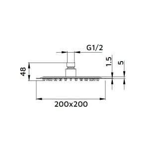 Disegno tecnico: soffione t.b.t. con dimensioni 200x200 mm e attacco G1/2.