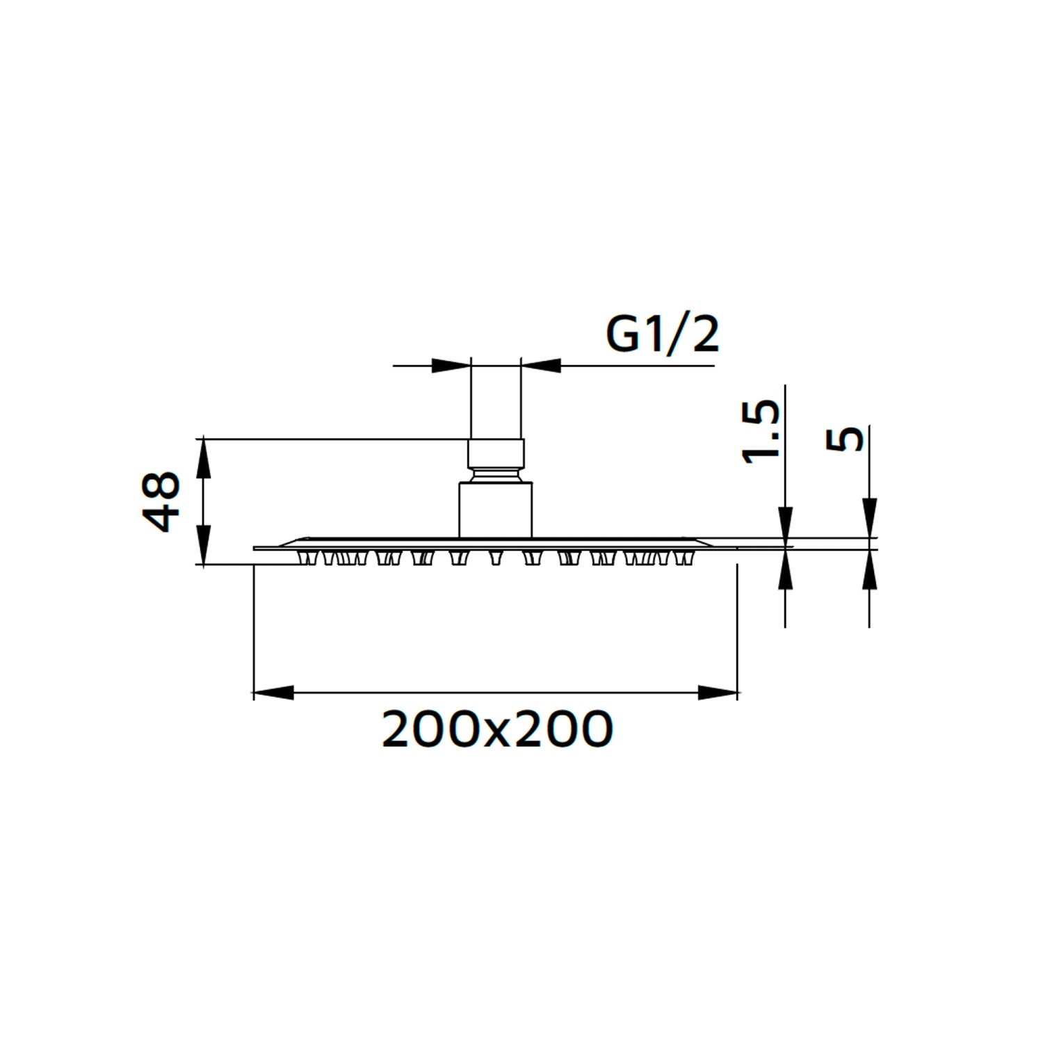 Disegno tecnico: soffione t.b.t. con dimensioni 200x200 mm e attacco G1/2.