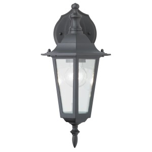 Classica lampada da parete per esterni Molinella nera in alluminio pressofuso con pannelli in vetro trasparente.