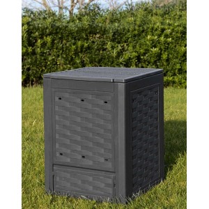 Compostiera t.b.t. grigio scuro con motivo intrecciato in giardino.