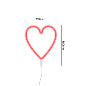 Applique LED a forma di cuore, rosso brillante, con dimensioni.