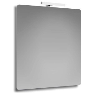 Specchio da parete rettangolare con angoli arrotondati e lampada bianca integrata.