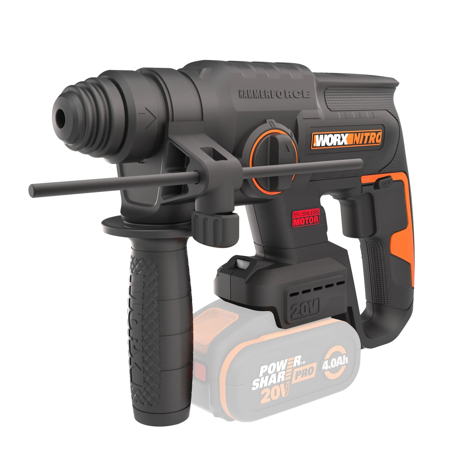 Trapano tassellatore a batteria Worx WX381.9, 20V PowerShare, SDS+, con impugnatura ausiliaria. Ideale per forare e scalpellare.