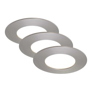 Set di tre faretti LED t.b.t. da incasso, rotondi e argentati.