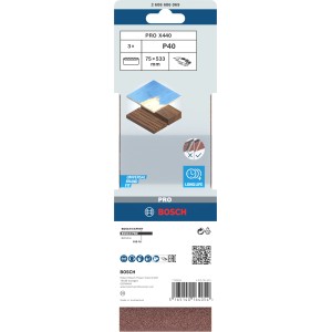 Nastro abrasivo Bosch Pro, 75x533mm, grana 40, confezione da 3. Accessorio per levigatrici a nastro.