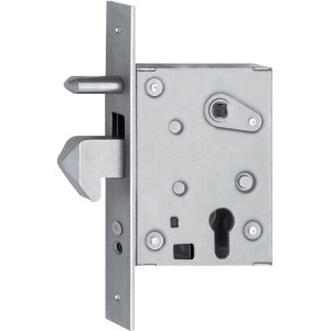 Serratura da infilare per porte interne, color argento, vista dettagliata.