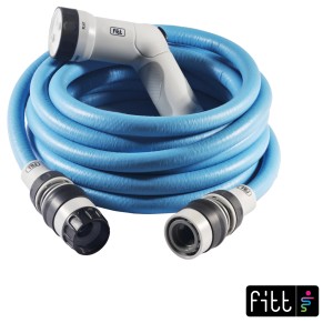 Tubo per irrigazione t.b.t. blu con testina a spruzzo e connettori.