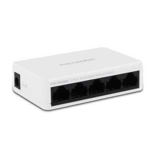 Switch Ethernet Metronic bianco a 5 porte 10/100 Mbps per accessori computer.