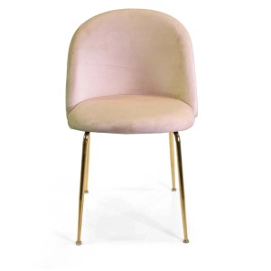 Sedia imbottita rosa con gambe dorate. Seduta elegante per sala da pranzo e soggiorno.