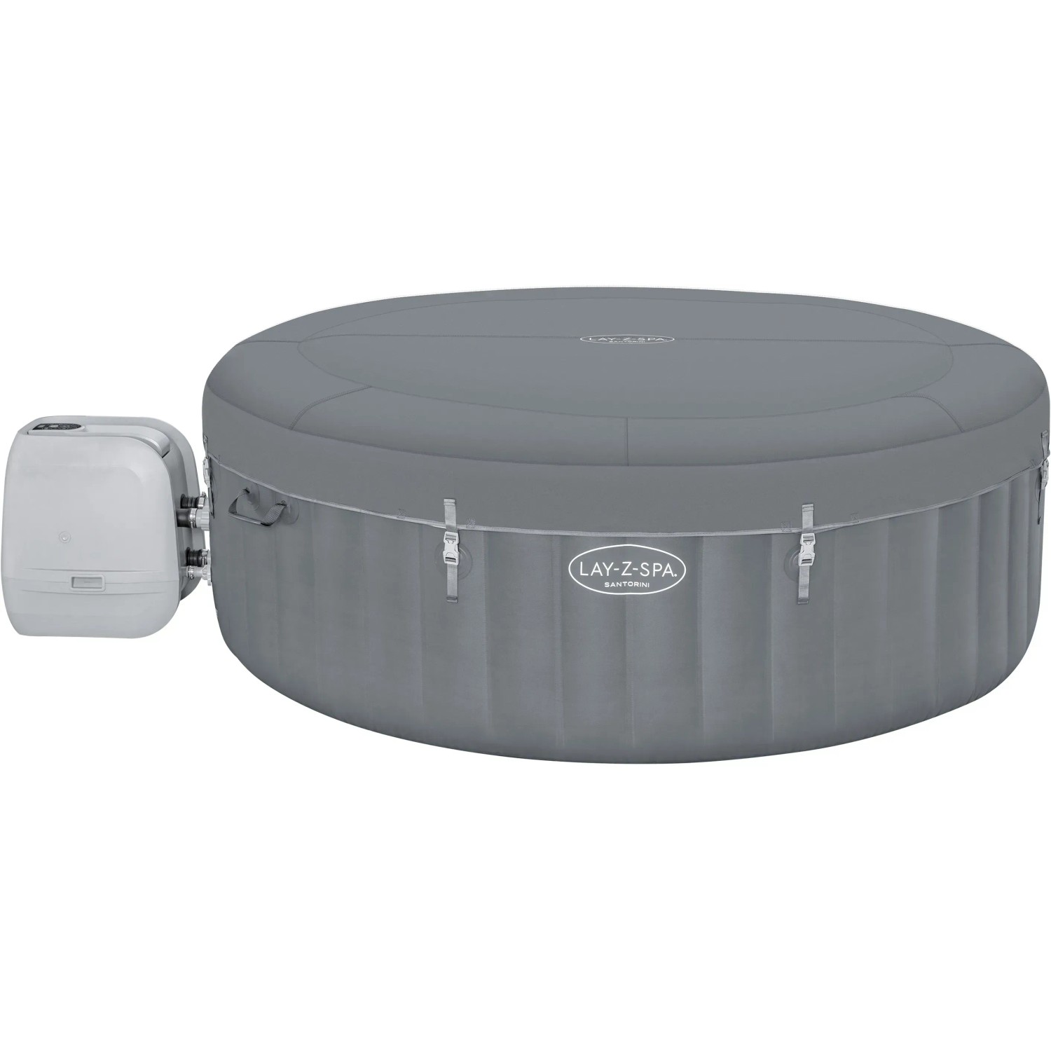Bestway LAY-Z-SPA Santorini HydroJet Pro, vasca idromassaggio gonfiabile rotonda grigia con copertura e pompa.