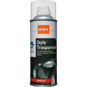 Vernice spray trasparente OBI, ideale per interni ed esterni.