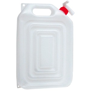 Tanica d'acqua bianca per campeggio con rubinetto rosso.