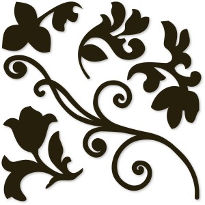 Set di adesivi murali con ornamenti floreali, viticci e fiori neri.