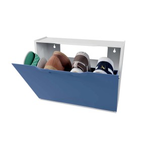 Scarpiera a ribalta t.b.t. blu aperta con diverse scarpe. Mobile portascarpe a parete.