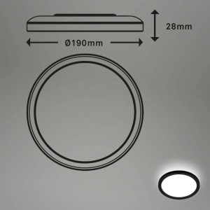 Disegno tecnico della plafoniera t.b.t. con dimensioni e immagine del prodotto.