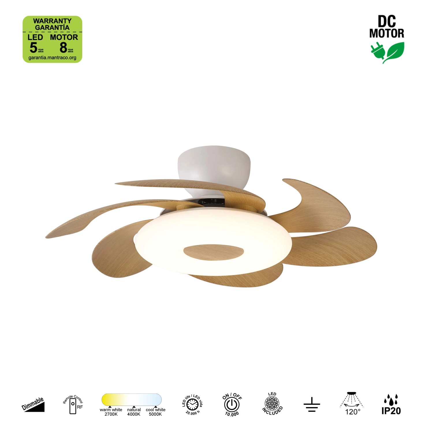 Ventilatore moderno con illuminazione LED e effetto legno. Ideale per spazi abitativi.