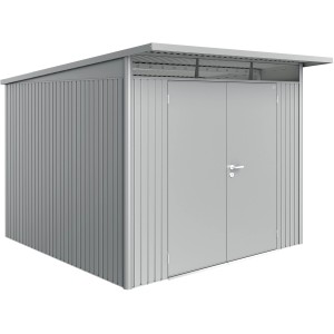 Casetta da giardino in metallo grigio con doppia porta. Ideale per riporre gli attrezzi da giardino.