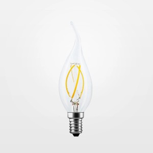 Lampadina LED E14 a filamento a forma di goccia con vetro trasparente.