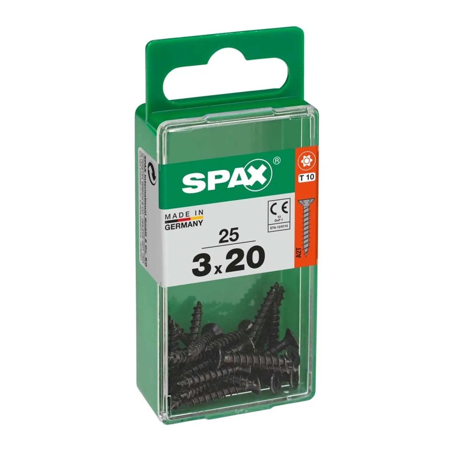 Viti SPAX 3x20, 25 pezzi in contenitore di plastica verde. Elementi di fissaggio universali.