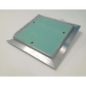 Sportello di ispezione quadrato con cartongesso verde e cornice argentata.