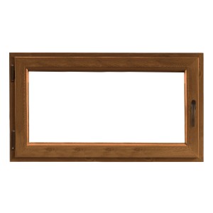 Finestra in PVC marrone con maniglia e accessori.