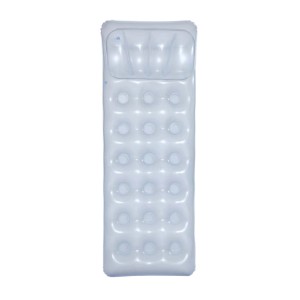 Materassino gonfiabile azzurro con cuscino e struttura a fossette.