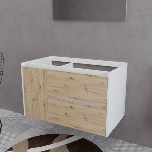 Mobile bagno sospeso bianco con frontale effetto legno.