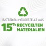 Batteria Energizer: simbolo e scritta "Batterie realizzate con il 15% di materiale"