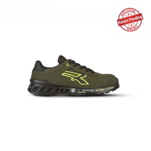 Scarpa da lavoro t.b.t. verde oliva con suola nera e logo giallo.
