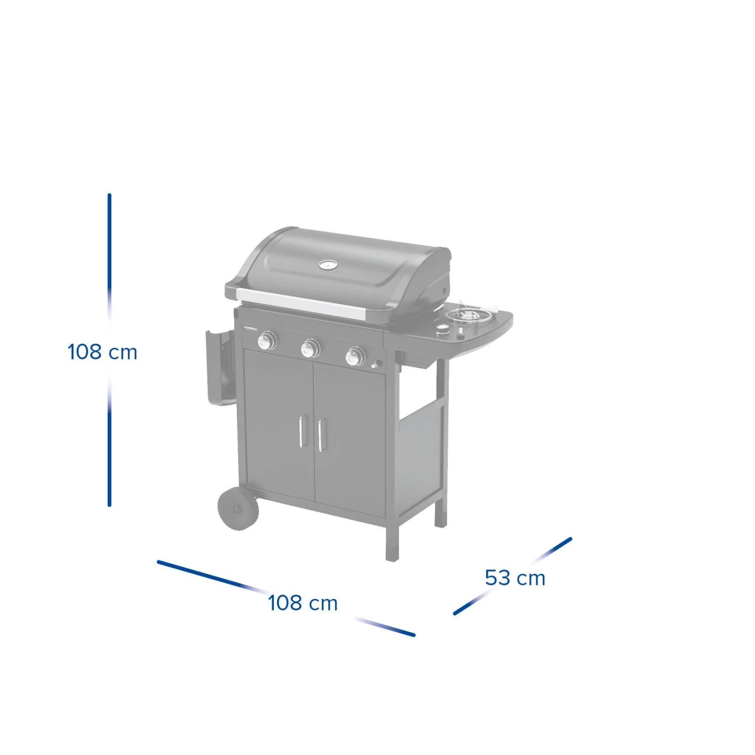 Dimensioni del barbecue a gas t.b.t.: 108x108x53 cm.