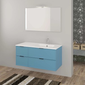Mobile lavabo Lavandini blu con lavabo da appoggio bianco e specchio.