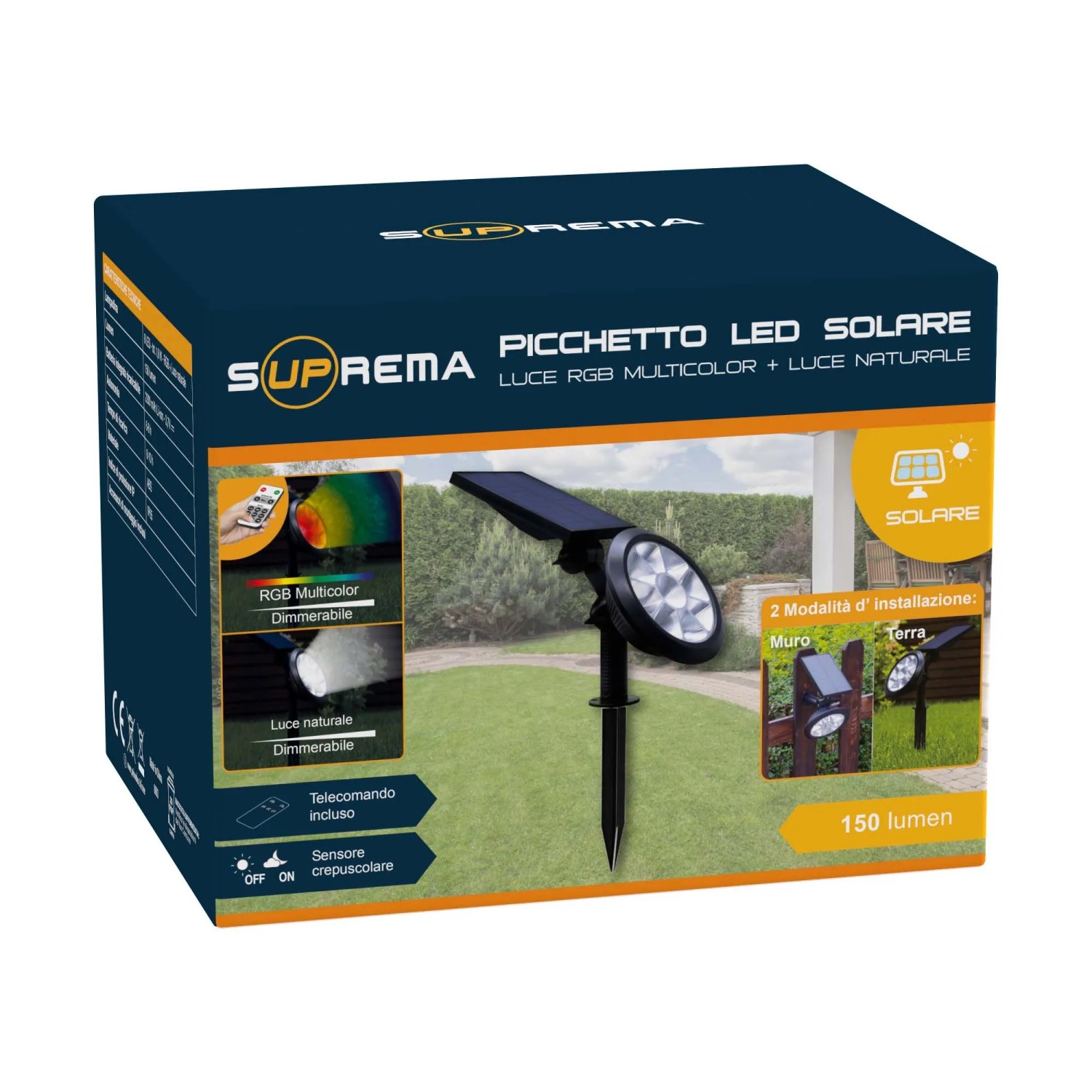 Confezione di una luce solare t.b.t. con faretto LED e picchetto. Illuminazione decorativa da giardino.