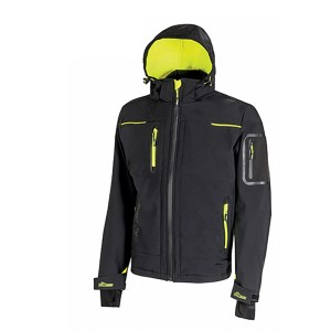 Giacca da lavoro nera t.b.t. con cappuccio e dettagli gialli.