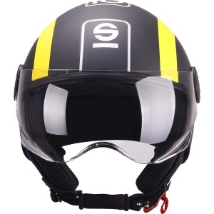 Casco t.b.t., nero con strisce gialle e visiera per motociclisti.