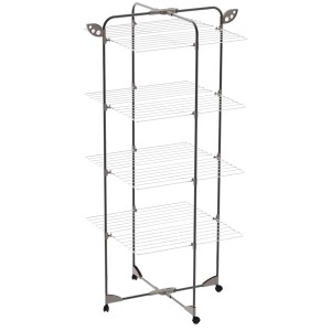 Stendibiancheria grigio a più livelli t.b.t. con quattro ripiani e ruote.