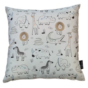 Cuscino t.b.t. con motivo animale: elefante, giraffa, zebra, leone, ippopotamo, coccodrillo e rinoceronte.