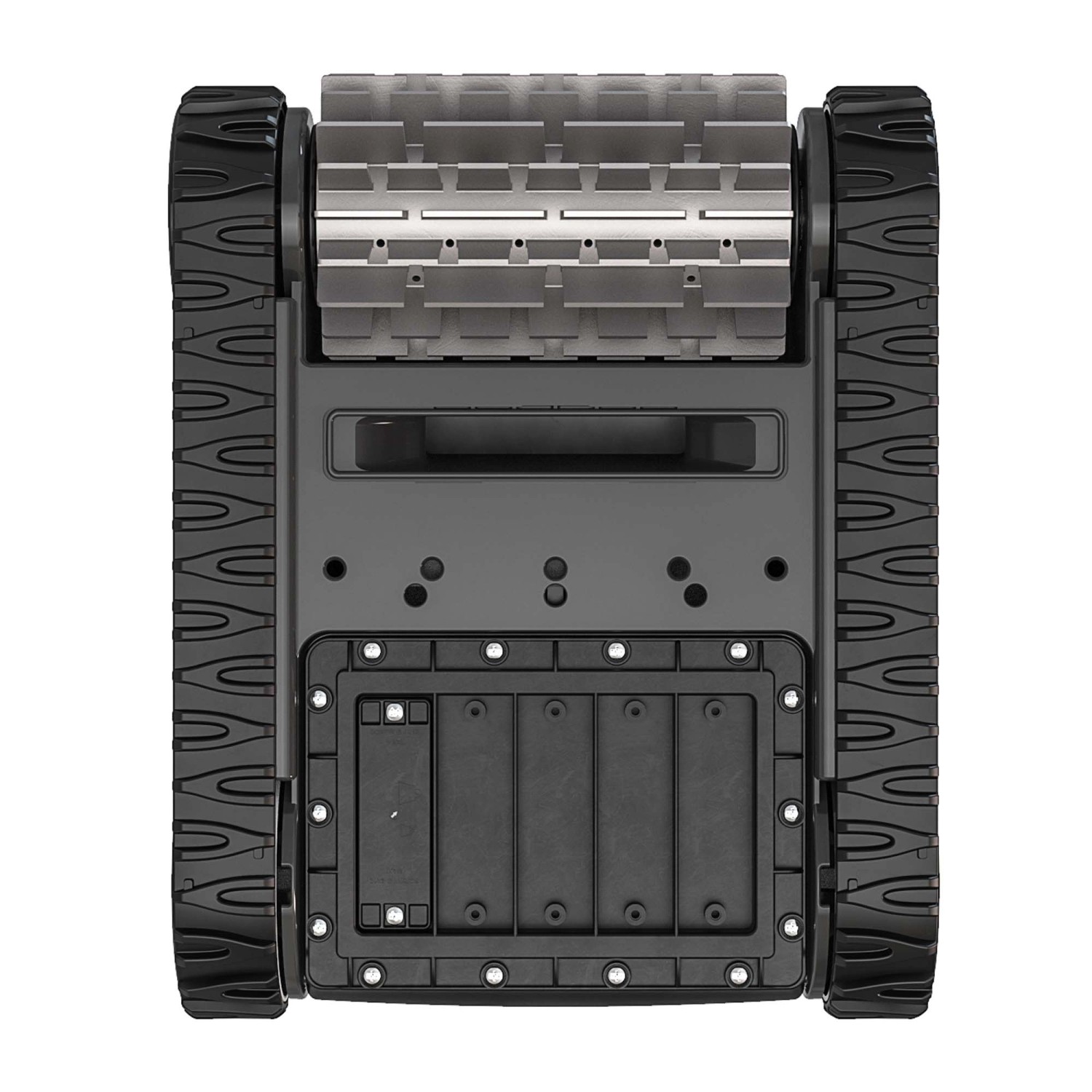 Robot per piscina grigio t.b.t. con cingoli e spazzola di pulizia, vista dall'alto.