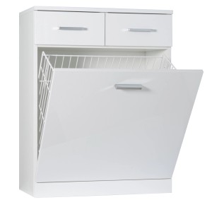 Mobile bagno bianco con due cassetti e cesto portabiancheria, categoria arredo bagno.