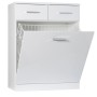 Mobile bagno bianco con due cassetti e cesto portabiancheria, categoria arredo bagno.