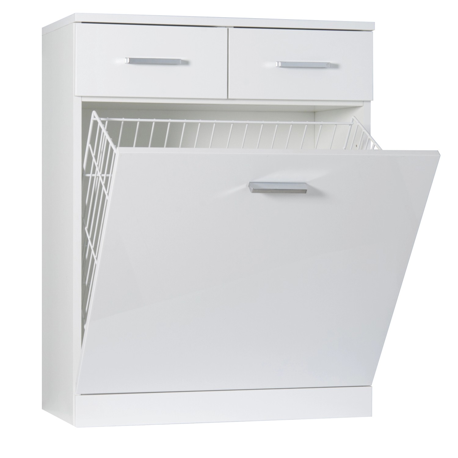 Mobile bagno bianco con due cassetti e cesto portabiancheria, categoria arredo bagno.