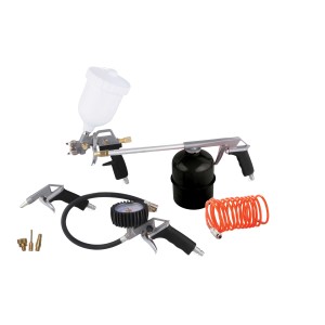 t.b.t. Accessori per compressori: pistola a spruzzo, sabbiatrice, manometro per pneumatici, pistola a tazza, tubo a spirale.