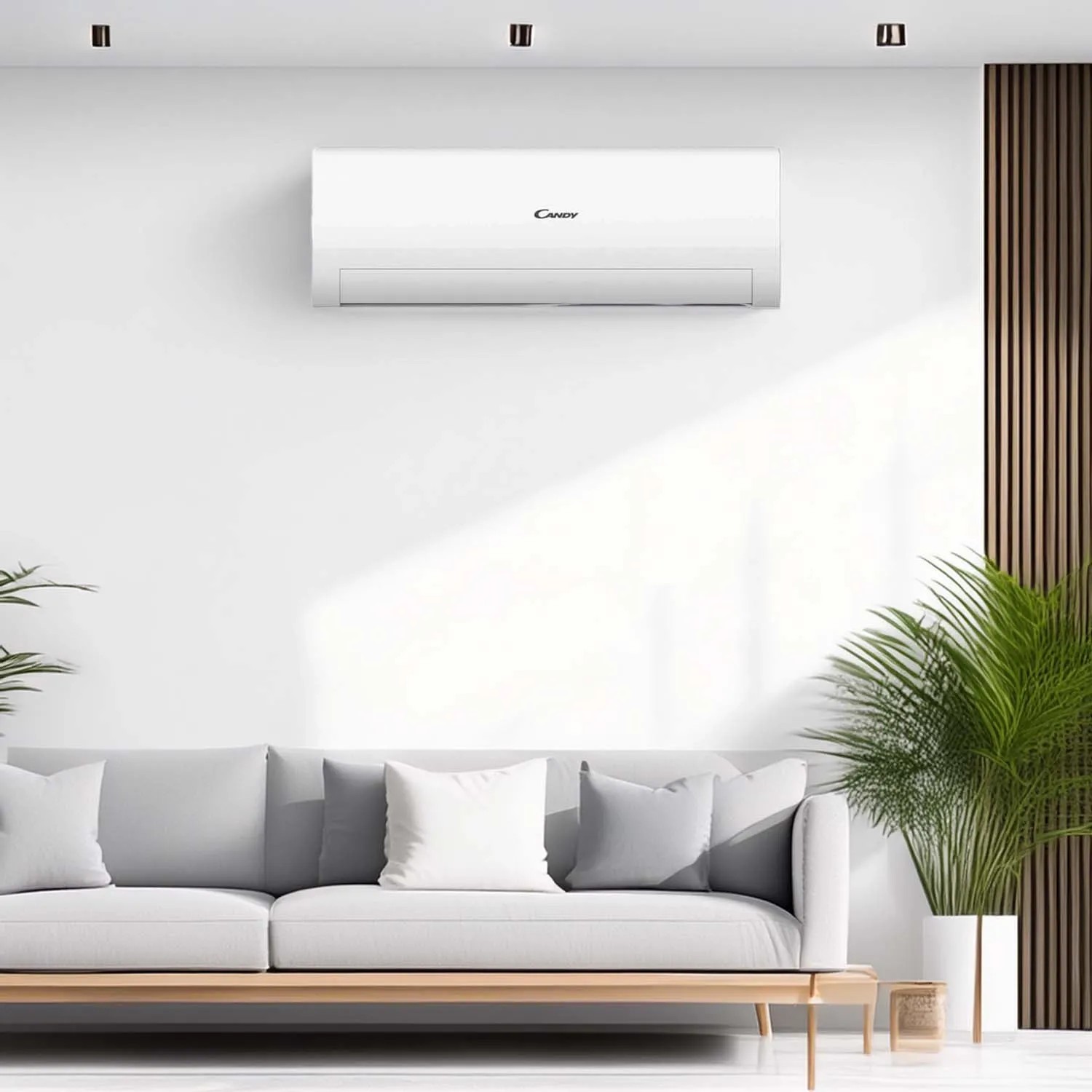 Condizionatore t.b.t. bianco a parete sopra un divano in un soggiorno.