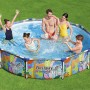 Famiglia nella piscina t.b.t. con pareti in acciaio e motivo giungla in giardino.