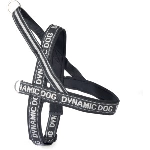 Pettorina per cani nera con strisce riflettenti e scritta "DYNAMIC DOG".