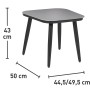 Tavolo del set di mobili per balcone Aliceville: piano grigio-marrone, struttura nera, dimensioni indicate.