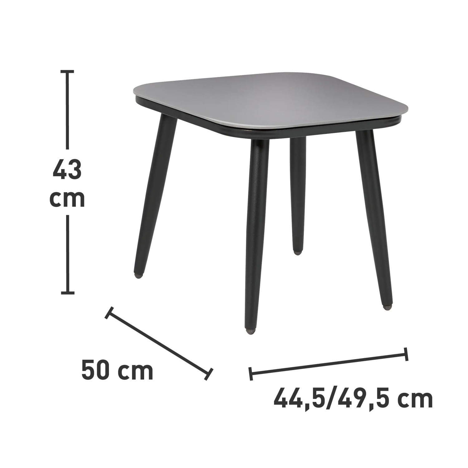 Tavolo del set di mobili per balcone Aliceville: piano grigio-marrone, struttura nera, dimensioni indicate.