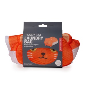 Cesto portabiancheria arancione a tema gatto per lavatrice.